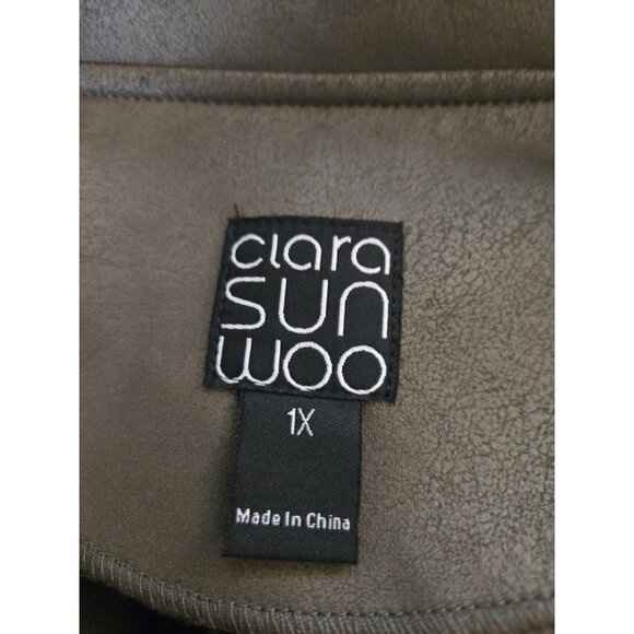 Clara Sun Woo Olive Green Liquid Leather Jacket 1X Full Zip Moto Signature Knit - Picture 7 of 8